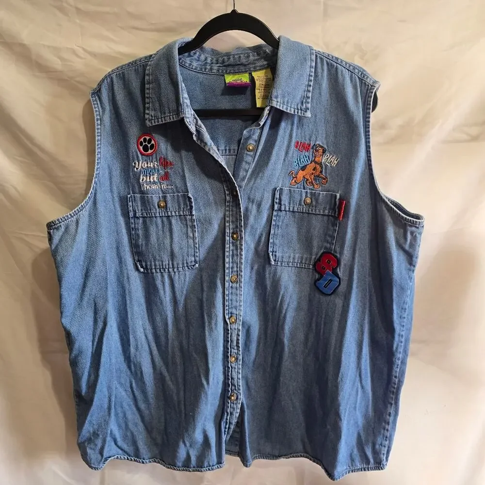 Vintage Scooby Doo Denim Button Down Vest 22W - Picture 1 of 3